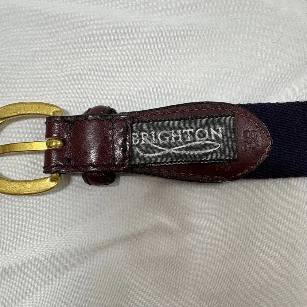Brighton Navy Blue Canvas Belt Burgundy Leather Trim Gold Buckle USA Made 38
